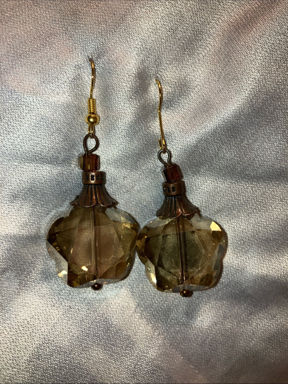 Heavy ! Smoky Brown Faceted Glass Drop Earrings with Antique Gold Accents